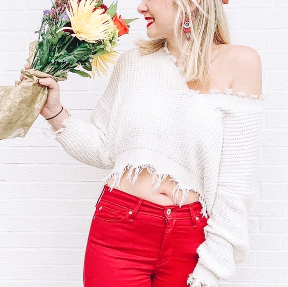 Boho Fringe off the shoulder vneck crop sweater
